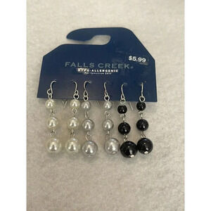 Vintage VTG Falls Creek Faux Pearl 3 Pack Dangle Earrings White Silver Black 2”